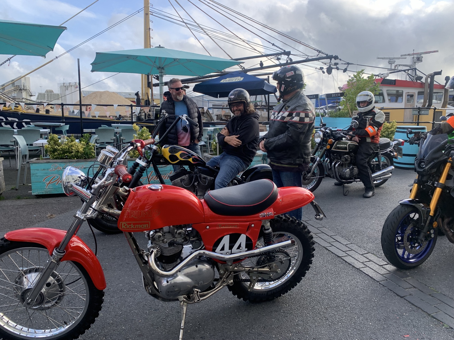 Motorcycles and riders gathered on Poole Quay