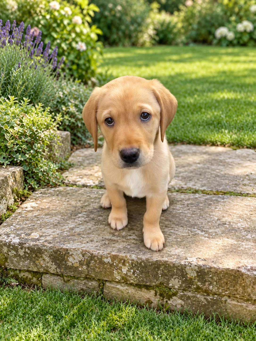 Mabel, a golden Labrador puppy, sitting on a garden step